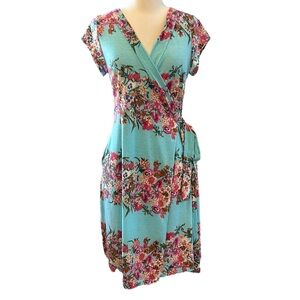 Modcloth Aqua Floral Wrap-Style Midi Dress